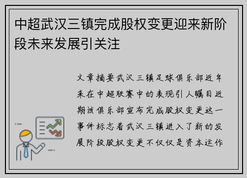 中超武汉三镇完成股权变更迎来新阶段未来发展引关注